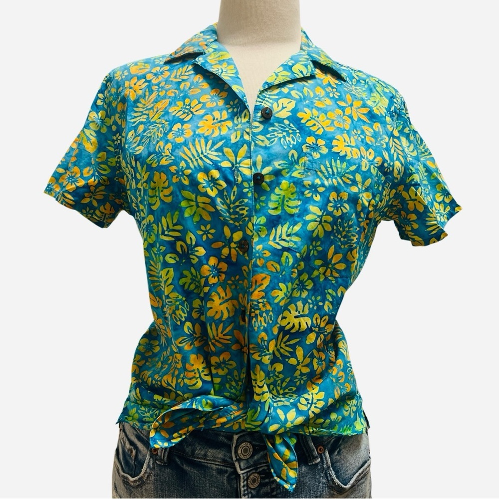 PETE HUNTINGTON BALI handcrafted Hawaiian Blue and Yellow Floral 👚 shirt